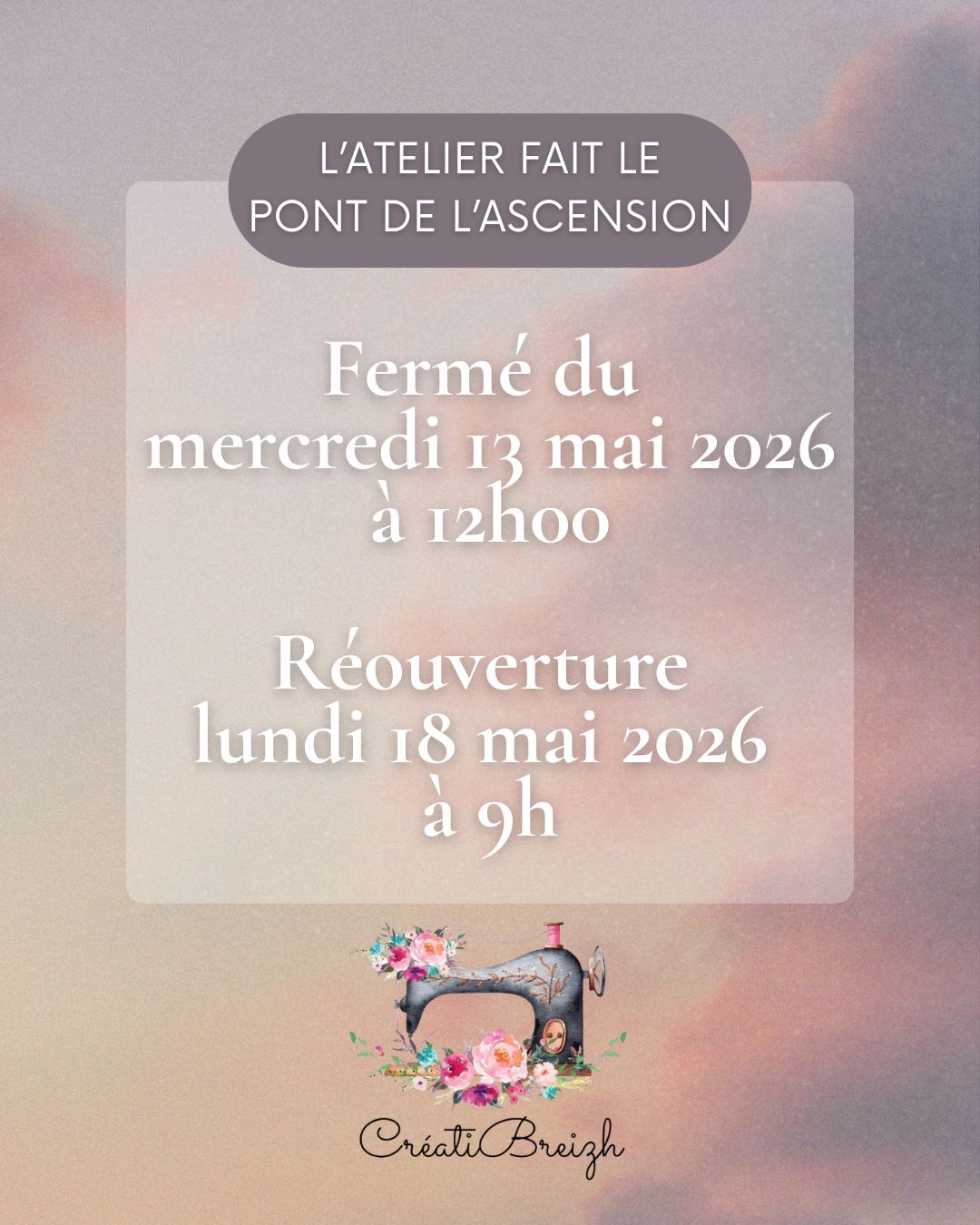 L'atelier sera fermépour les vacances d'étédu Jeudi 25 Juillet 2024au Mercredi 31 Juillet 2024